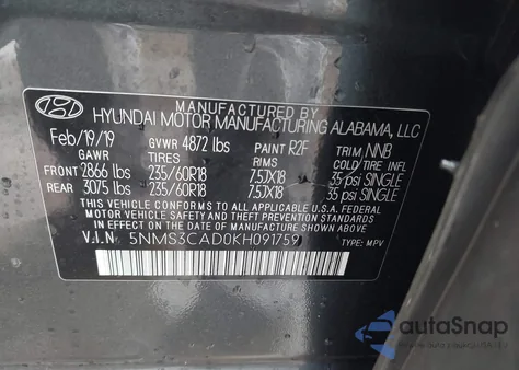 2019 Hyundai Santa Fe Sel Plus from USA, damaged, VIN 5NMS3CAD0KH091759